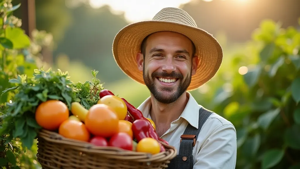 A friendly local farmer smiling and holding a basket overflowing with colorful, fresh produce.