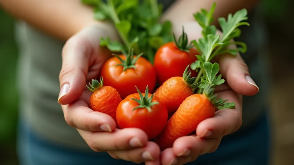 Two hands gently holding a selection of fresh, organic vegetables.
