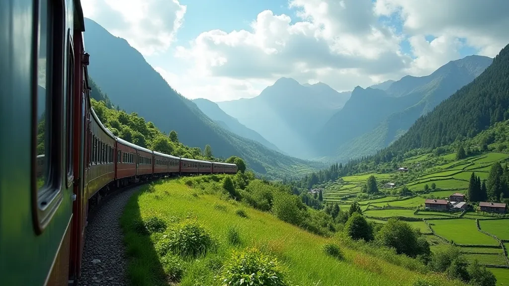 Train traveling through a green valley